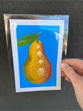 Pear Fruit Art Print - Yellow and Green on Blue Background